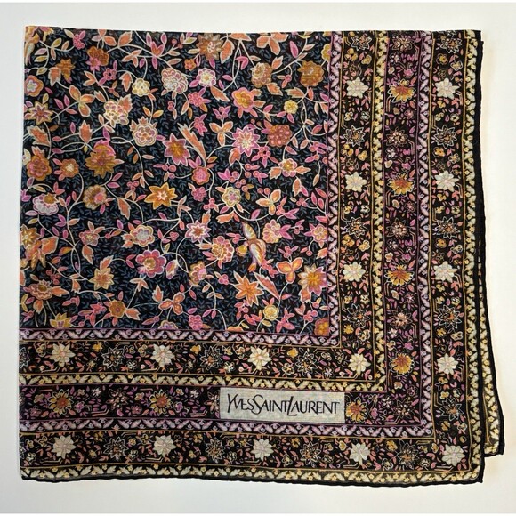 YSL Yves Saint Laurent Scarf Black w/ Pink and Orange Floral Pattern Vintage - Picture 1 of 8
